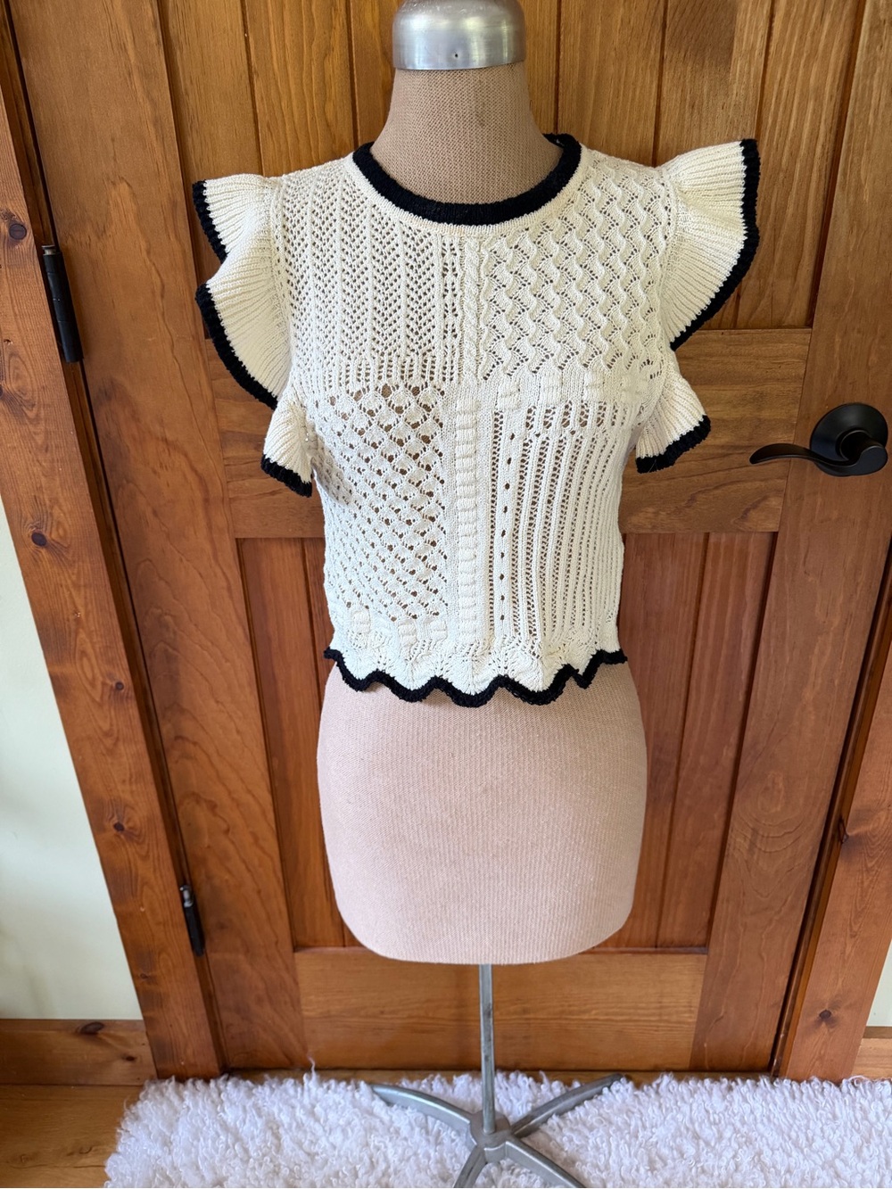 Zara Cream Knit Flutter Sleeve Crochet Top with Black Trim